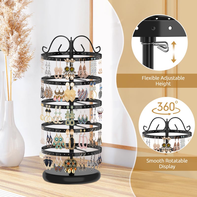 MODOWEY 5 Tiers Metal Rotating Earring Holder Organizer Stand Adjustable Display Tree, 220 Holes Large Carousel Rack for Stud Hoop Pierced Dangling Women, Ideal View for All Earrings, Black - Image 4